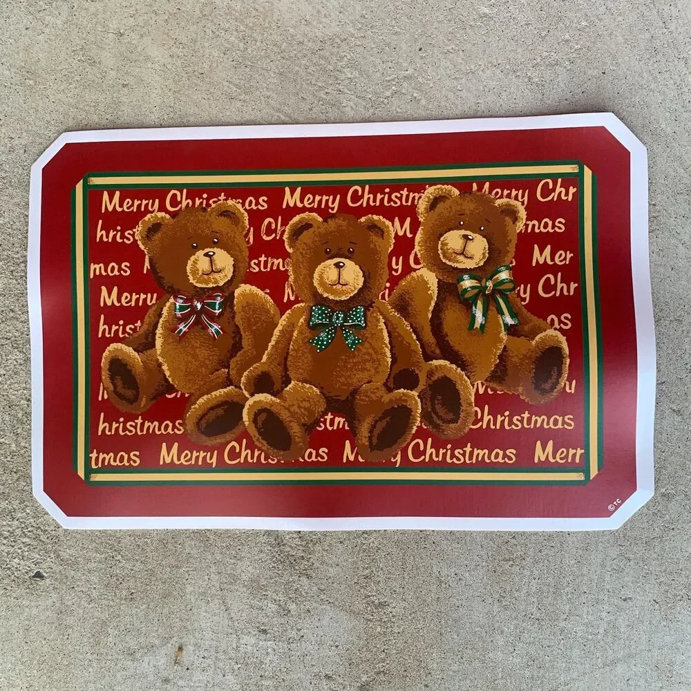 VTG Town & Country Christmas Vinyl Placemats Santa Bears 11.5”x17.5” Set Of 4
